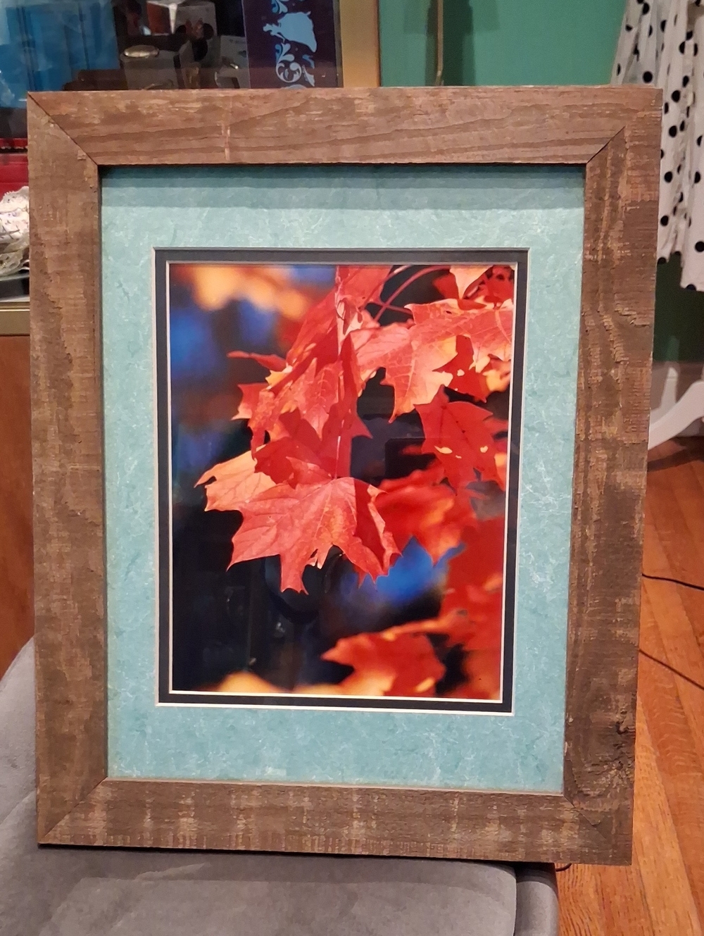 Rustic Wood Frame Wall Art with Autumn Leaf Print - Teal Mat